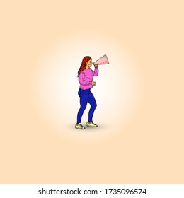 A female cheerleader shouting into  megaphone in the middle of an arena. Vector illustration.