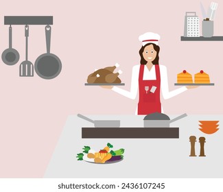 A female chef baked cake and cooked chicken meat. Flat vector illustration.