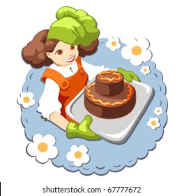 Female chef with a big cake
