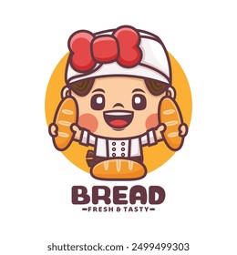 female chef cartoon mascot with bread, vector illustration for culinary business, brand logo, sticker, cartoon identity, sticker, icon, etc.