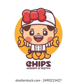 female chef cartoon mascot with chips, vector illustration for culinary business, brand logo, sticker, cartoon identity, sticker, icon, etc.