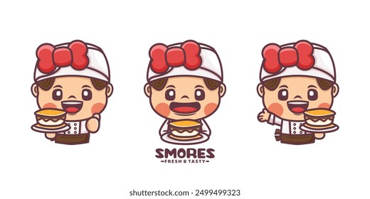 female chef cartoon mascot with s'mores, with different poses and expressions, vector illustration for culinary business, brand logo, sticker, cartoon identity, sticker, icon, etc.