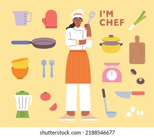 Personaje De Chef Femenino. Se organizan utensilios de cocina a su alrededor. ilustración vectorial de estilo de diseño plano.