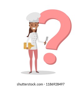 Female chef character in the uniform and hat smiling with big question mark behind. Cooking food advice. Isolated flat vector illustration