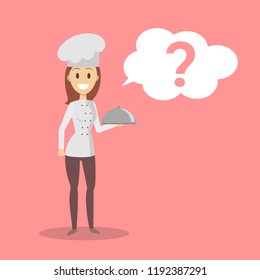 Female chef character in the uniform and hat smiling and holding dish with big question mark behind. Cooking food advice. Isolated flat vector illustration