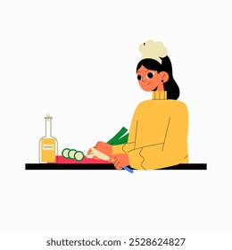 chef feminina cortando legumes em vetor plano ilustração simbolizando preparação culinária, cozinha saudável e habilidades de cozinha, isolado no fundo branco