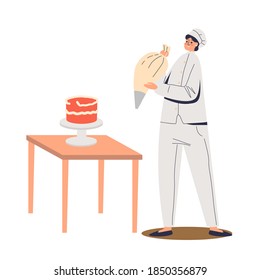 Female chef cock preparing cake for wedding or birthday event decorating with cream from bag. Woman confectioner at work making beautiful dessert. Flat vector illustration