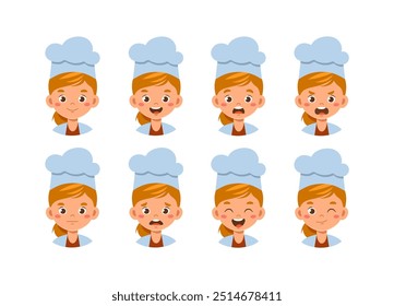 Female chef constructor. Girl in cooking hat. Kit for creating animations. Pack of face with various emotions. Catering service occupation. Flat vector collection isolated on white background