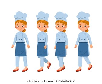 Female chef constructor. Girl in cooking hat. Kit for creating cartoon. Pack of character in various angles. Catering service occupation. Flat vector collection isolated on white background