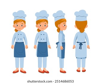 Female chef constructor. Girl in cooking hat walk. Kit for creating animations. Pack of character in various angles. Catering service occupation. Flat vector collection isolated on white background