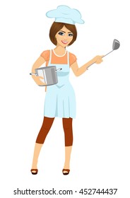 female chef, cook or baker with pan and ladle isolated on white background