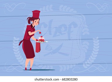 Female Chef Cook Holding Dessert Cartoon Chief In Restaurant Uniform Over Wooden Textured Background Flat Vector Illustration