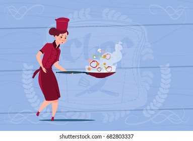 Female Chef Cook Holding Frying Pan Cartoon In Restaurant Uniform Over Wooden Textured Background Flat Vector Illustration