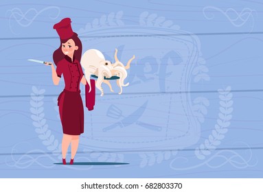 Female Chef Cook Holding Octopus Cartoon Chief In Restaurant Uniform Over Wooden Textured Background Flat Vector Illustration