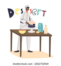 Female chef cook making cake. Woman baker confectioner preparing dessert sweets for restaurant. Professional cooking people concept. Cartoon flat vector illustration