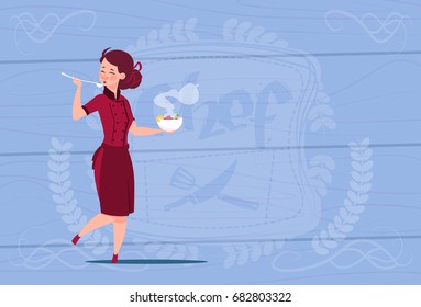 Female Chef Cook Tasting Soup Cartoon Chief In Restaurant Uniform Over Wooden Textured Background Flat Vector Illustration