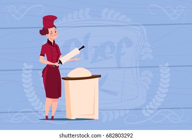 Female Chef Cook Working With Dough Cartoon Chief In Restaurant Uniform Over Wooden Textured Background Flat Vector Illustration