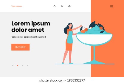 Female chef cooking dessert. Ice cream with berries, tiramisu, glass bowl. Flat vector illustration. Sweet food, cafe menu, confectionery concept for banner, website design or landing web page
