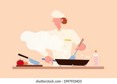 Female chef cooking a dish. Flat style illustration of a woman in chef uniform and hat making a dish in cooking pan in the kitchen