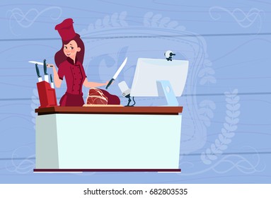 Female Chef Cooking In Front Of Web Camera On Computer Making Culinary Video Blog Flat Vector Illustration