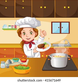 Female chef cooking in the kitchen illustration