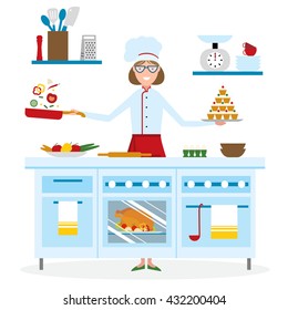 Female chef cooking on white background. Restaurant worker preparing food. Chef uniform and hat. Table and cafe equipment.