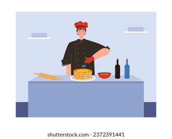 Female chef is cooking sweet food, making dessert for guests' dinner at the restaurant. Character design. Vector flat illustration