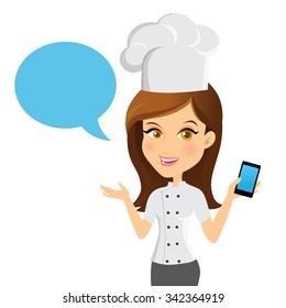Female Chef customer support operator with smart phone and smiling, Character design cartoon version.