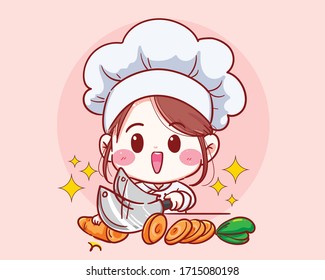 Female Chef cut carrot vegetable cooking in kitchen cartoon