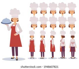 Female Chef Flat Vector Character creation set with various views, Cartoon style, flat vector illustration. Emotion. Front, side, back view animated character. 