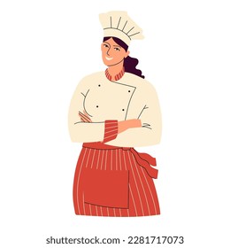 Female chef folded her hands. The woman crossed her arms. Smiling chief cook in toque and uniform. Portrait of a happy kitchen worker. Flat style isolated on white. Vector.