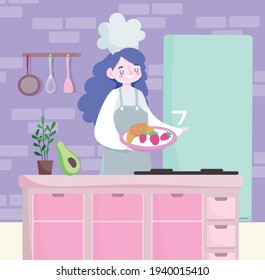 female chef food in tray