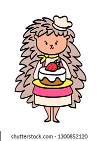 Female chef hedgehog in uniform serving strawberry cake, funny cute cartoon character isolated on white background. Restaurant/cafe/bakery mascot. Culinary school teacher.