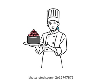 Female chef holding a cake in her hands