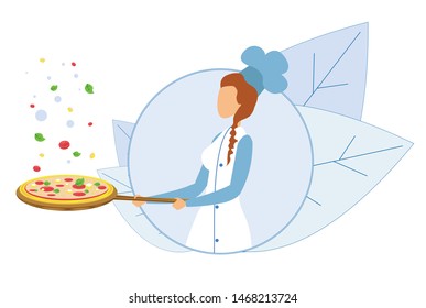 Female Chef Holding Frying Pan with Hot Pizza and Levitating Vegetables, Greenery and other Ingredients. Woman in Uniform Standing in Circle Surrounded Plants Foliage. Flat Logo. Vector Illustration