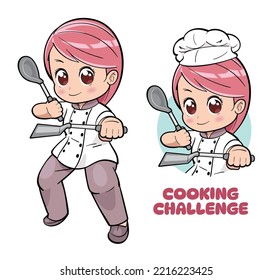 Female chef holding spatulas in fighting stance