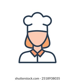 Icono de chef femenino. Chef con sombrero, mujer profesional culinaria, cocinero, cocina, cocina.