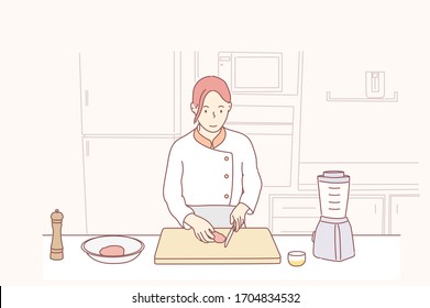 Female chef with knife cutting raw meat for steaks preparation. Hand drawn style vector design illustrations.