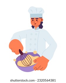 Female chef mix dough semi flat colorful vector character. Editable half body caucasian cooking person on white. Simple cartoon spot illustration for web graphic design
