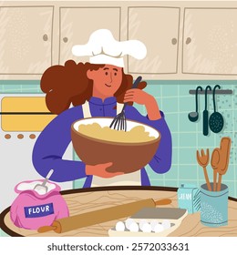 Female chef mix dough semi flat colorful vector character. Editable half body caucasian cooking person on white. Simple cartoon spot illustration for web graphic design