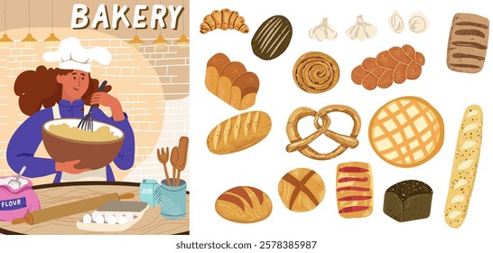 Female chef mix dough semi flat colorful vector character. Set bakery illustration. Hand drawn vector illustration.