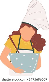 Female chef mixing ingredients polka dot bowl, wearing hat, apron. Cook preparing food, kitchen attire, professional occupation. Cartoon woman cooking, culinary skills, chef outfit, isolated