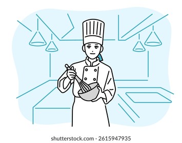 A female chef mixing with a whisk