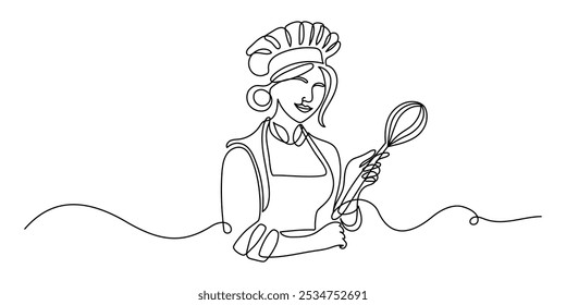 Female chef in one continuous line drawing. Cook in uniform working in kitchen in simple linear style. Symbol of food and restaurant in editable stroke. Doodle outline vector illustration