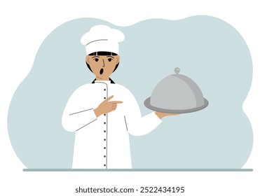 A female chef with a plate covered with a cloche or a tray with a lid. Vector flat illustration