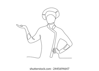 Female chef preparing to make food.Business small one-line drawing