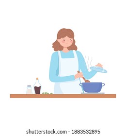 chef femenino preparando la comida con olla en cocina de cocina caricatura ilustración vectorial