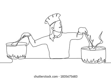 female chef in professional uniform stands stirring a cooking dish in two pans. one line drawing concept of a very busy chef in the cooking process.