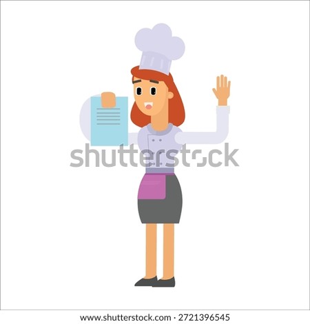 Female chef reading menu or recipe paper vector illustration