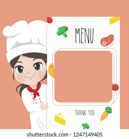 Female chef recommends food menu.  She is happy to have customers enjoy delicious food.